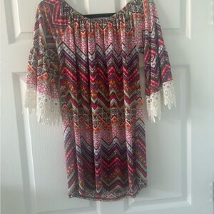 Colorful Boho Off-Shoulder Blouse with Lace Sleeves